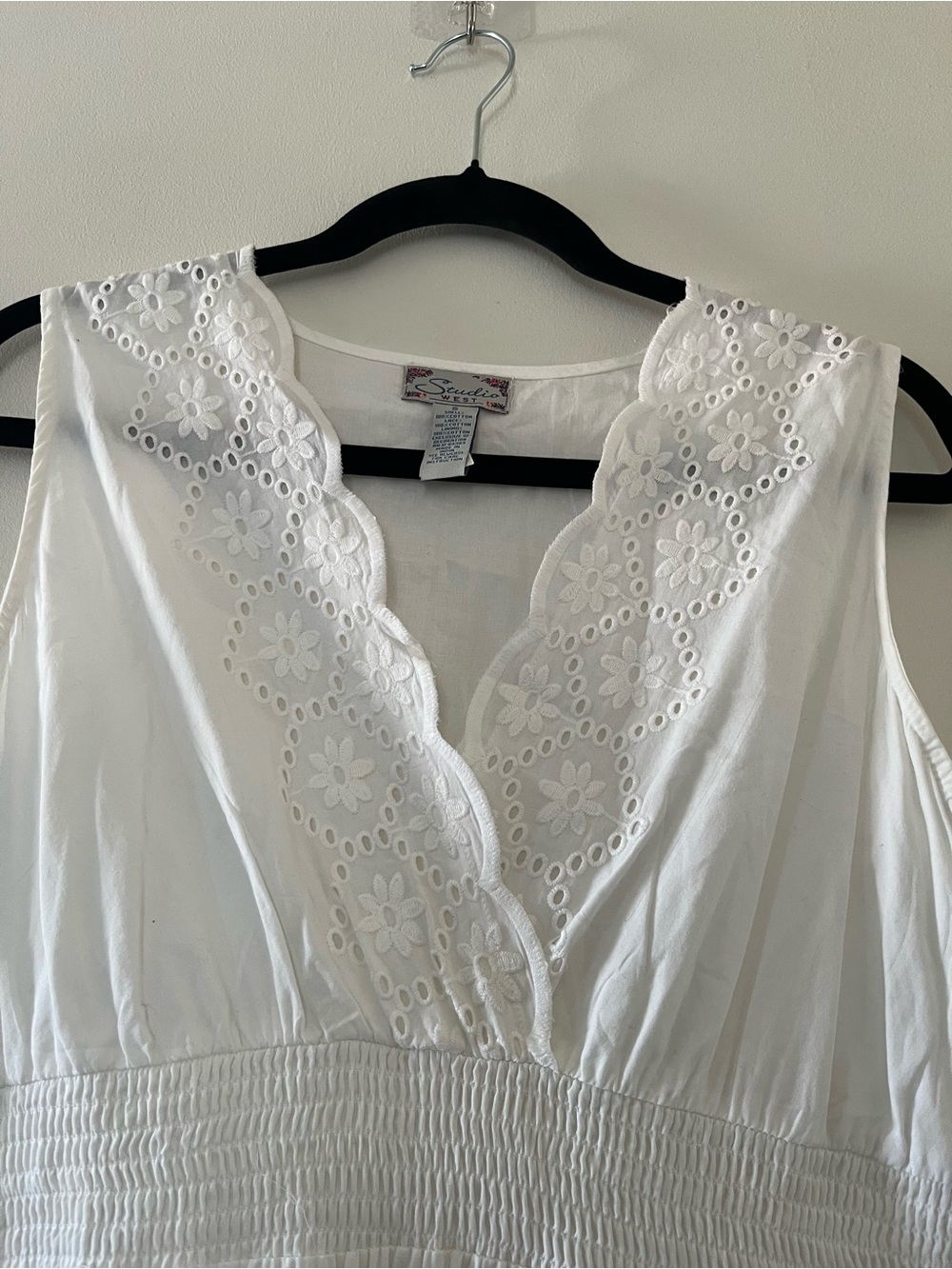 Vintage White Eyelet Midi Dress Small 100% Cotton Sleeveless Cottagecore Coastal - Picture 3 of 6